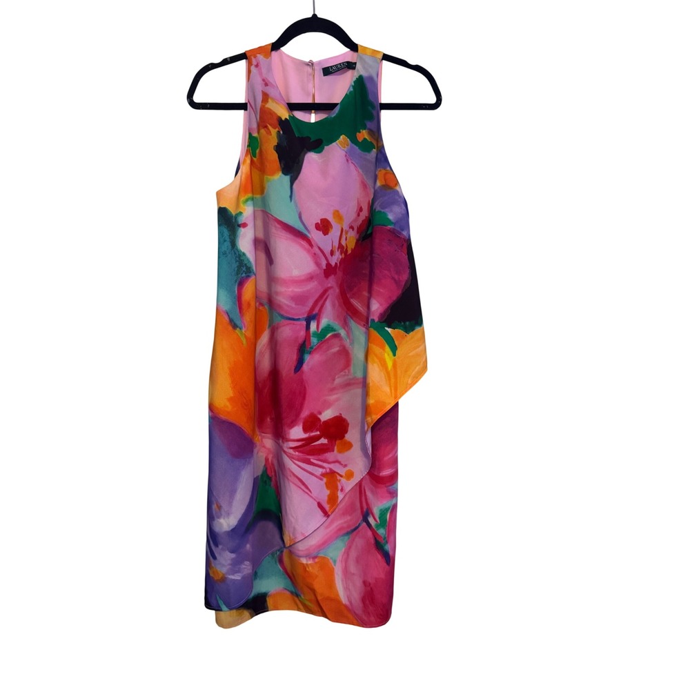 Lauren Ralph Lauren Faux Wrap Draped Layered Dress Multicolor Floral Size 10